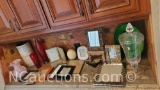Shelf lot misc. glassware vase Nieman Marcus plate ostrich egg small mirror more