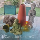 2 buddha figures white corral in pot various decorative vases ashtray etc.
