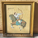 Framed vintage artwork on cork aisian warrior on horse with chopmark/signature