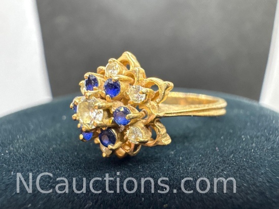 14k Gold Blue Sapphire and Diamond Cluster Ring 4.33 Grams Size 7