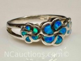 925 Sterling Silver Blue Opal Flower Ring Sz.9 3g Total