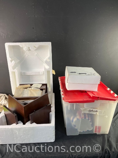 boxes full of holiday collectibles Lenox nativity creche ornaments pumpkin etc