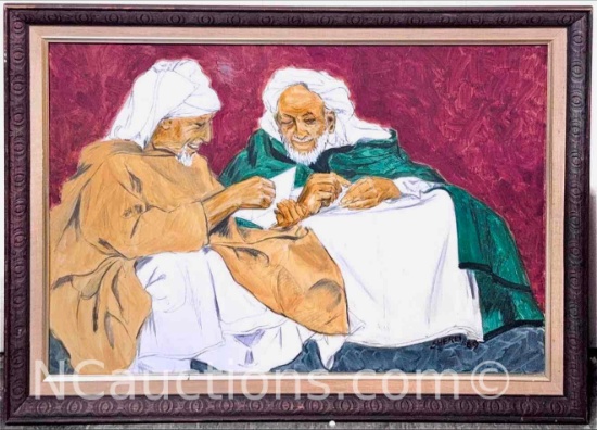 Framed Art Painting of 2 Okd Men signed says Sherli 69 28x41