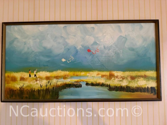 Framed Art People flying Kites signed says Andrew.