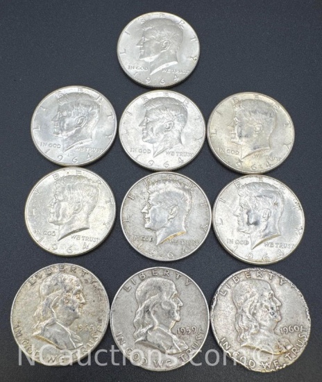 90% Silver Half Dollars Kennedy and Franklin 125.04 Grams