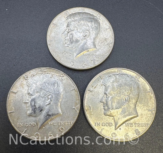 3 Kennedy 40% Silver Half Dollar Coins 34.71 Grams
