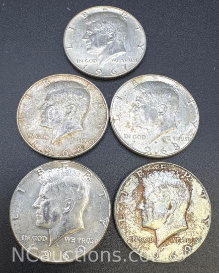 5 Kennedy 40% Silver Half Dollar Coins 57.42 Grams