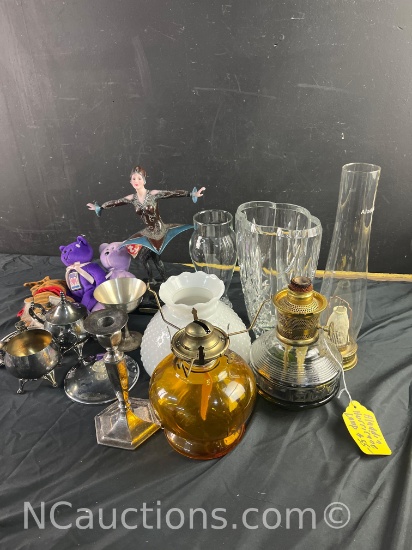 Misc Aladdin Hurricane oil lamps silver plated holder cups stuffed animals etc