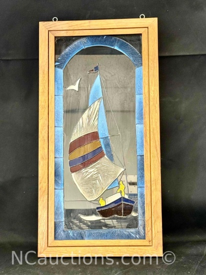 Framed Glass Art Stained Glass Style Painting 12x23 Waterfront Landmark Seattle