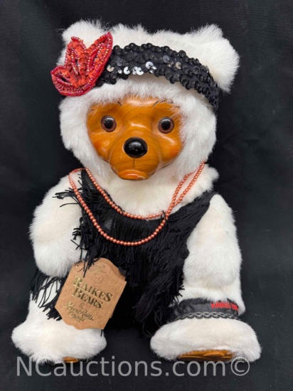 Robert Raikes Collectible Teddy Bear with Wooden Face and Feet.