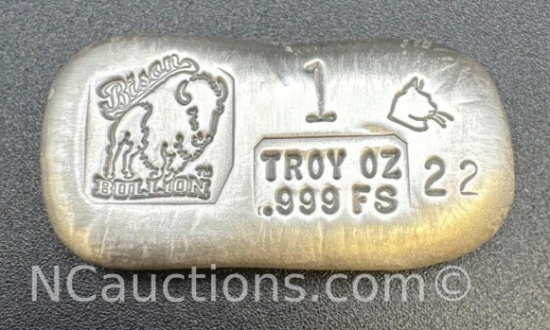 Bison Bullion 1 Troy Oz .999 Fine Silver Hand Poured Bar