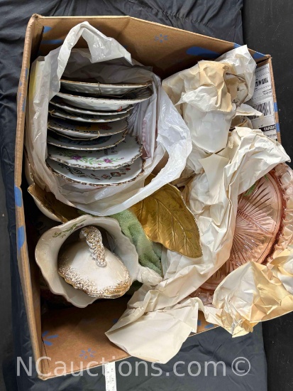box of decorative plates, pitcher, starving trays and more