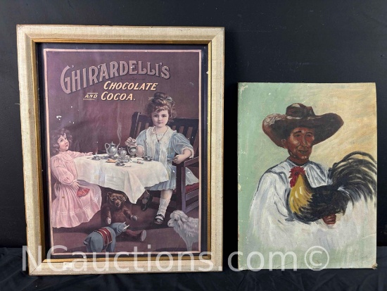 framed vintage Ghirardellis advertisement and farmer Painting