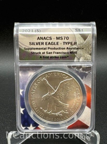 ANACS MS70 2021-S Silver Eagle Type 2 1 Troy Oz Coin