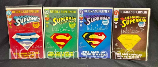 Set of 4 Reign of Superman Comics signed says Mike Carlin, Dan Jurgens, KC Carlson