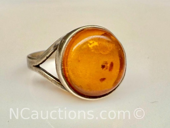 925 Sterling Silver Amber Ring sz.7 3g Total