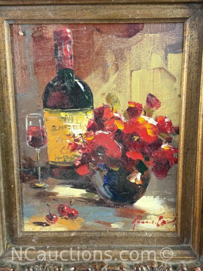 Fancy Framed Painting of a glass of red wine. signature unknown 20x24