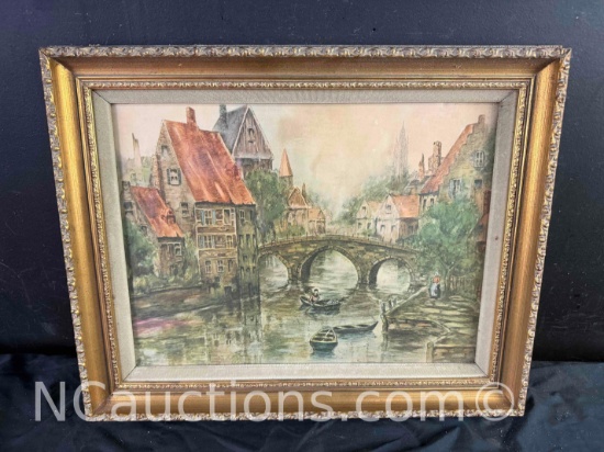 Framed Art European village scene with a canal and bridge 17x20