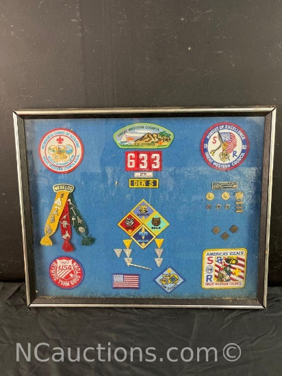 Collection of Cub Scout patches pins framed