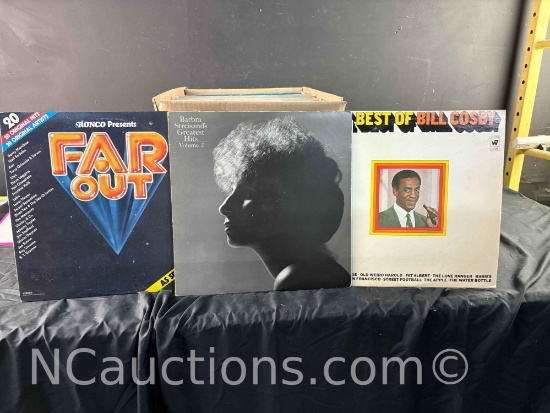 Box of vinyl records, Barbra Streisand, Far Out, Bill Cosby