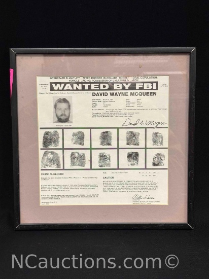 Framed Wanted by FBI sign David Wayne McQueen
