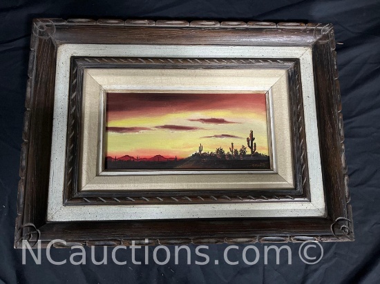 Framed Desert Landscape at sunset Art signed says Emmi