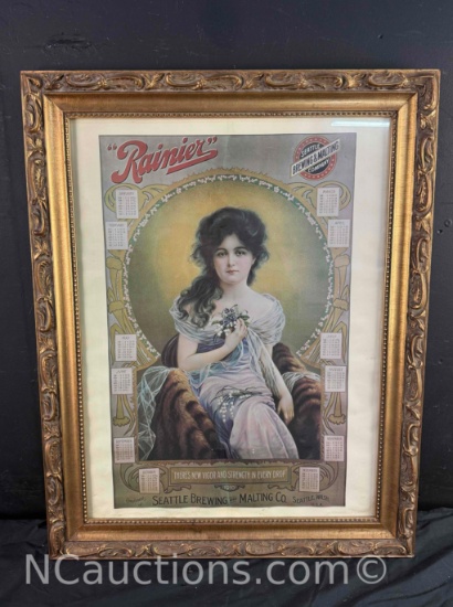 Framed Vintage Rainier Seattle Brewing n Malt co poster 22x28