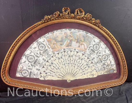 Antique Victorian 19th century France hand fan Framed