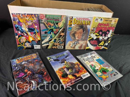 Long Box Approx 200 Comics. Atomic Mouse 1st Issue, Dolan, Justice League, Shrek more