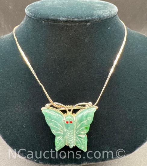 Sterling Silver Jade Butterfly Necklace 12.54 Grams