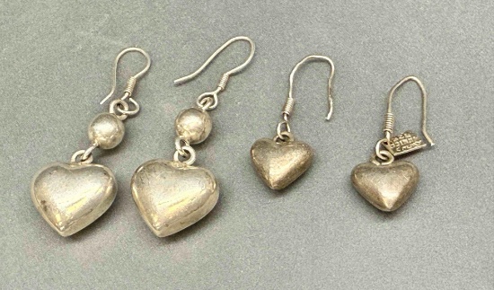 2 Pairs of 925 Sterling Silver Heart Earrings 17g Total