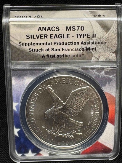 ANACS MS70 First Strike Coin 2021 Silver Eagle Type 2 .999 fine silver