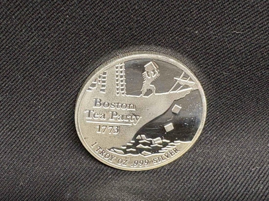 .999 Fine Silver 1 Troy oz 31.25 grams Boston tea party and dont tread on me round