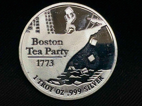 .999 fine silver 1 Troy oz 31.23 grams Boston tea party, dont tread on me
