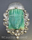 Mexico Silver Green Stone Face Brooch Pin 36.44 Grams