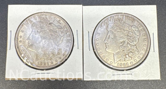 2 1921-D Morgan Silver Dollars 90% Silver Coins 56 Grams