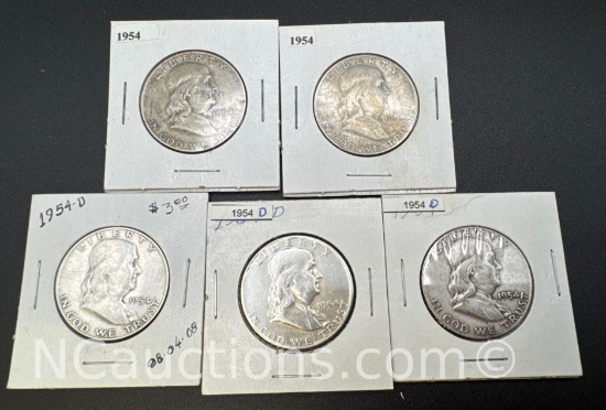 5 1954 Franklin 90% Silver Half Dollars 73 Grams