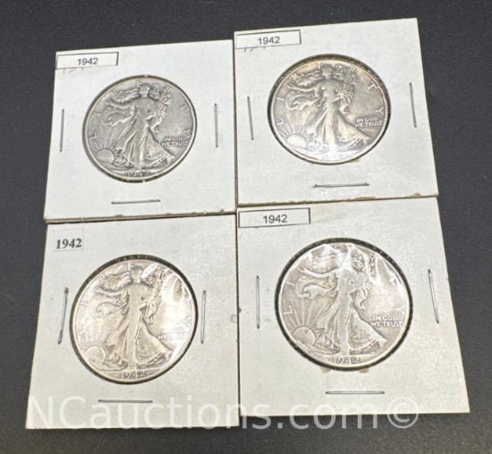4 1942 Walking Liberty 90% Silver Half Dollars 59 Grams
