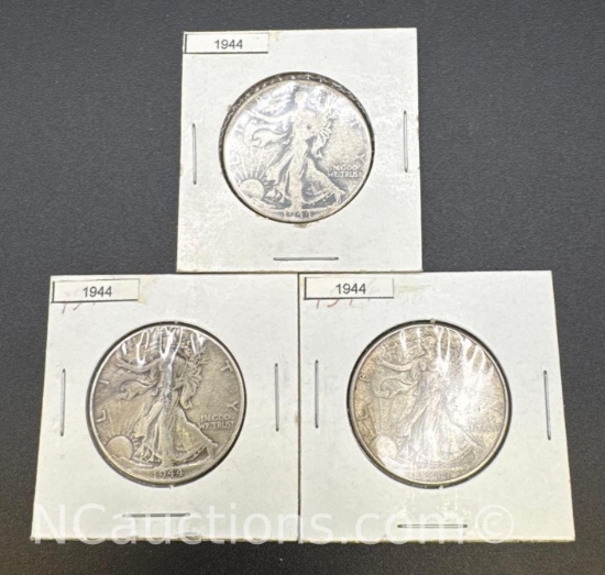 3 1944 Walking Liberty 90% Silver Half Dollars 43 Grams