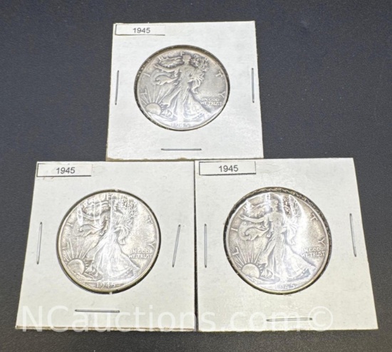 3 1945 Walking Liberty 90% Silver Half Dollars