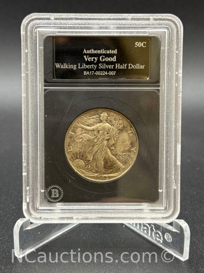 Authenticated 1942 Walking Liberty 90% Silver Half Dollar