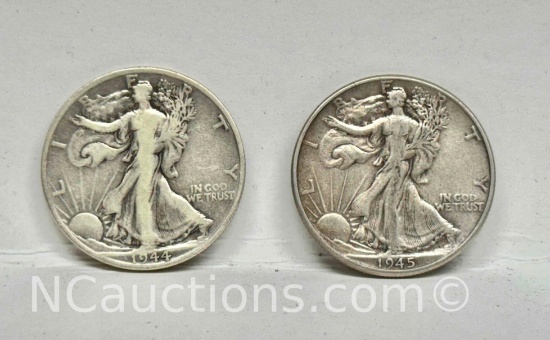 Pair of Walking Liberty Half Dollars 1944, 1945 25g Total