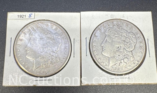 2 1921-S Morgan Silver Dollars 90% Silver Coins 56 Grams