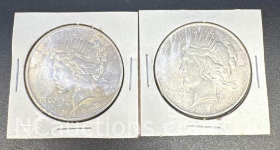 2 1922 Silver Peace Dollars 90% Silver Coins 56 Grams