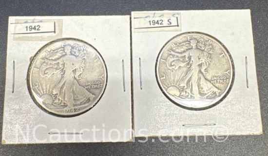 2 1942 Walking Liberty 90% Silver Half Dollars 29 Grams