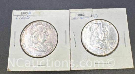2 1963-D Franklin 90% Silver Half Dollars 30 Grams