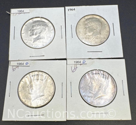 4 1964 Kennedy 90% Silver Half Dollars 58 Grams