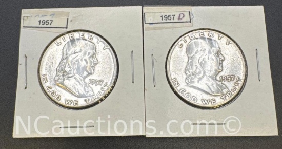 2 1957 Franklin 90% Silver Half Dollars