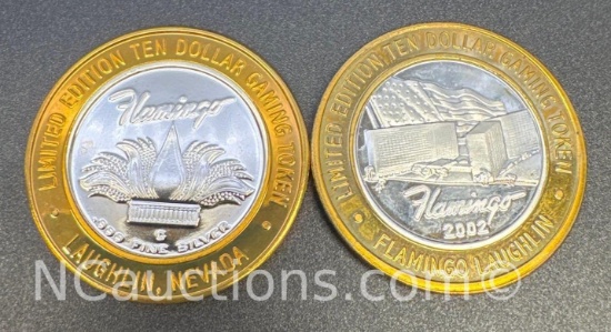 2 Limited Edition Flamingo .999 Fine Silver $10 Gaming Token Coin 74 Grams