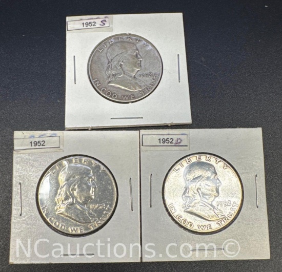 3 1952 Franklin 90% Silver Half Dollars 44 Grams
